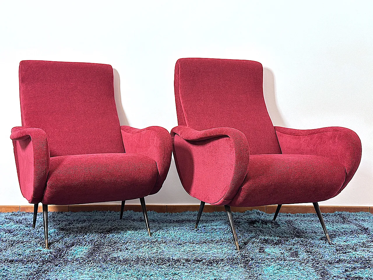 Pair of Lady armchairs attr. to Marco Zanus ruby fabric, 1950s 2