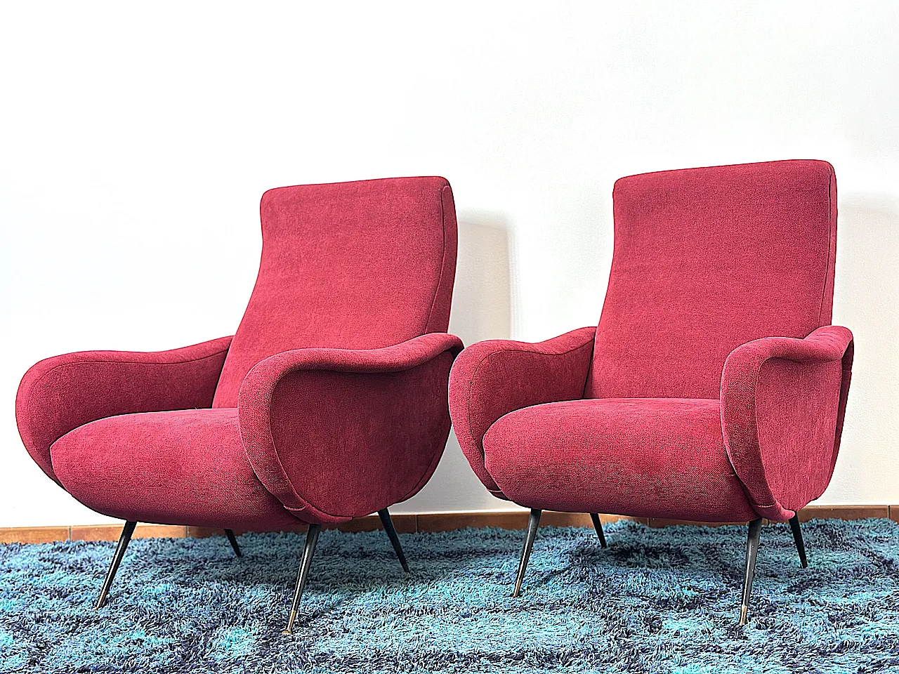 Pair of Lady armchairs attr. to Marco Zanus ruby fabric, 1950s 4