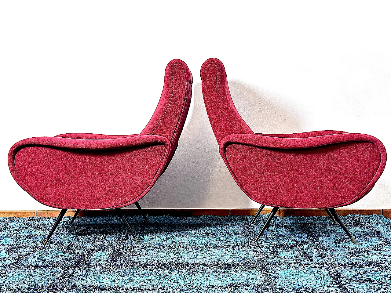 Pair of Lady armchairs attr. to Marco Zanus ruby fabric, 1950s 5