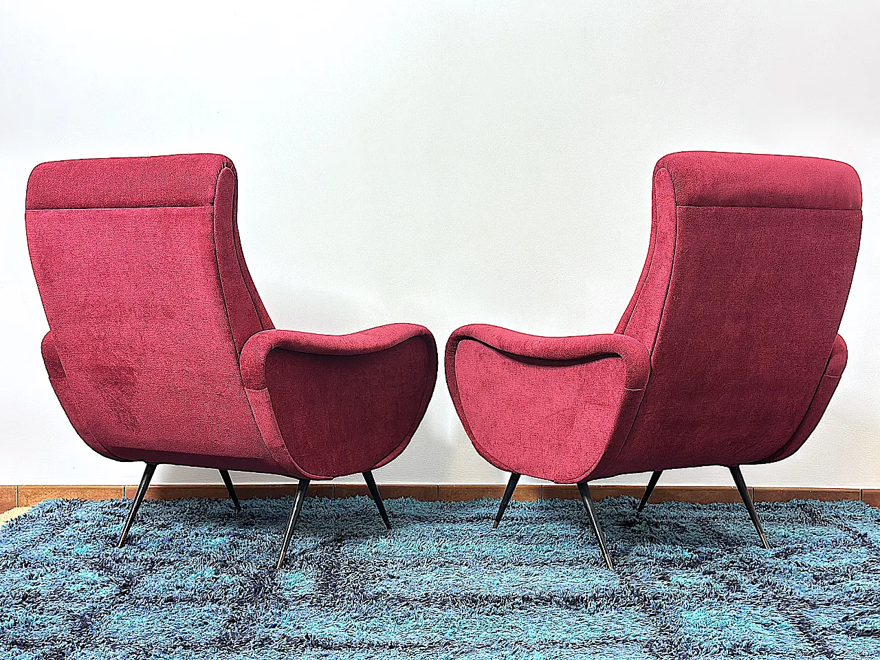 Pair of Lady armchairs attr. to Marco Zanus ruby fabric, 1950s 9