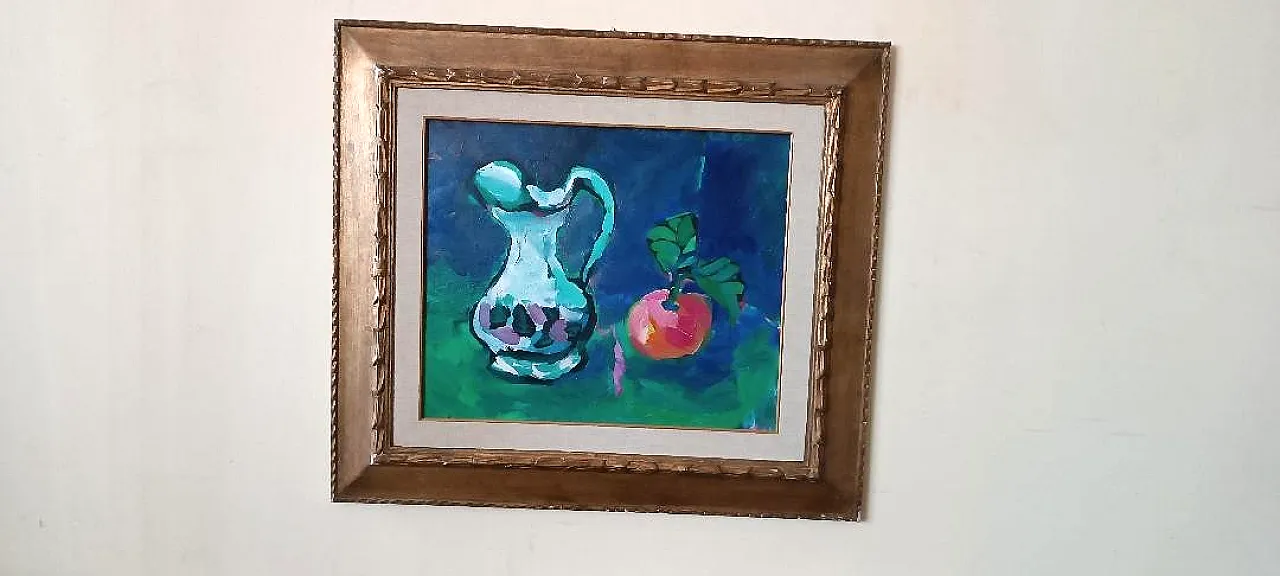 Pink peach and carafe, still life oil on canvas with frame, 1960s 2