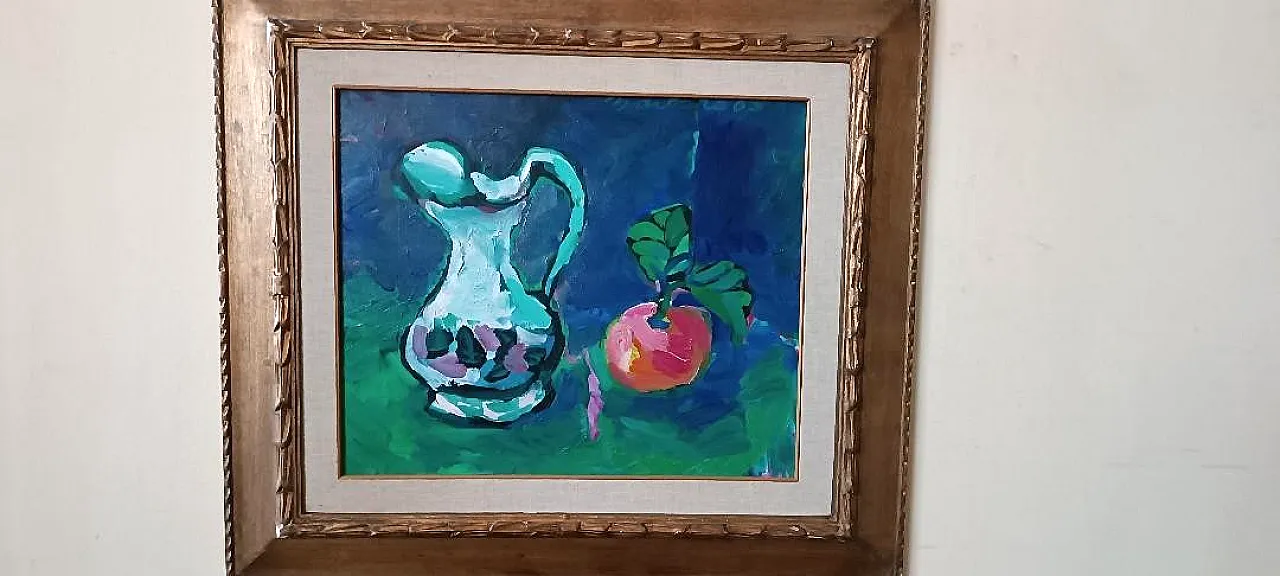 Pink peach and carafe, still life oil on canvas with frame, 1960s 3
