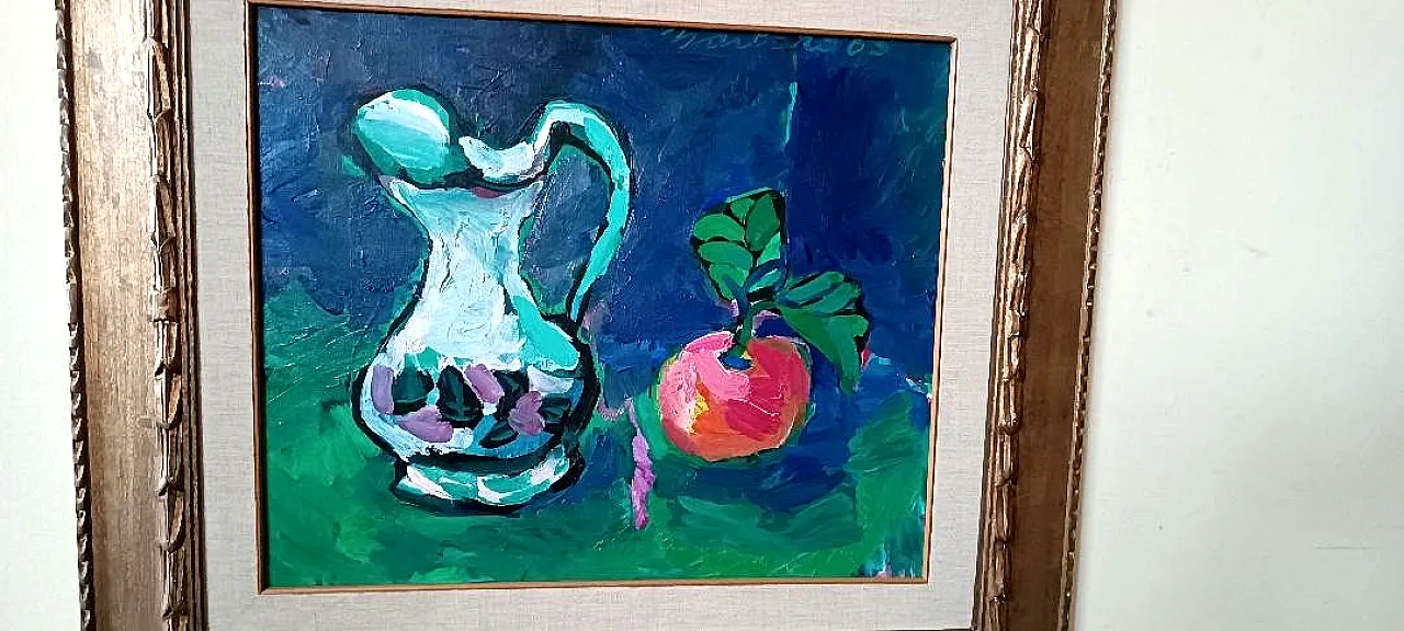 Pink peach and carafe, still life oil on canvas with frame, 1960s 4