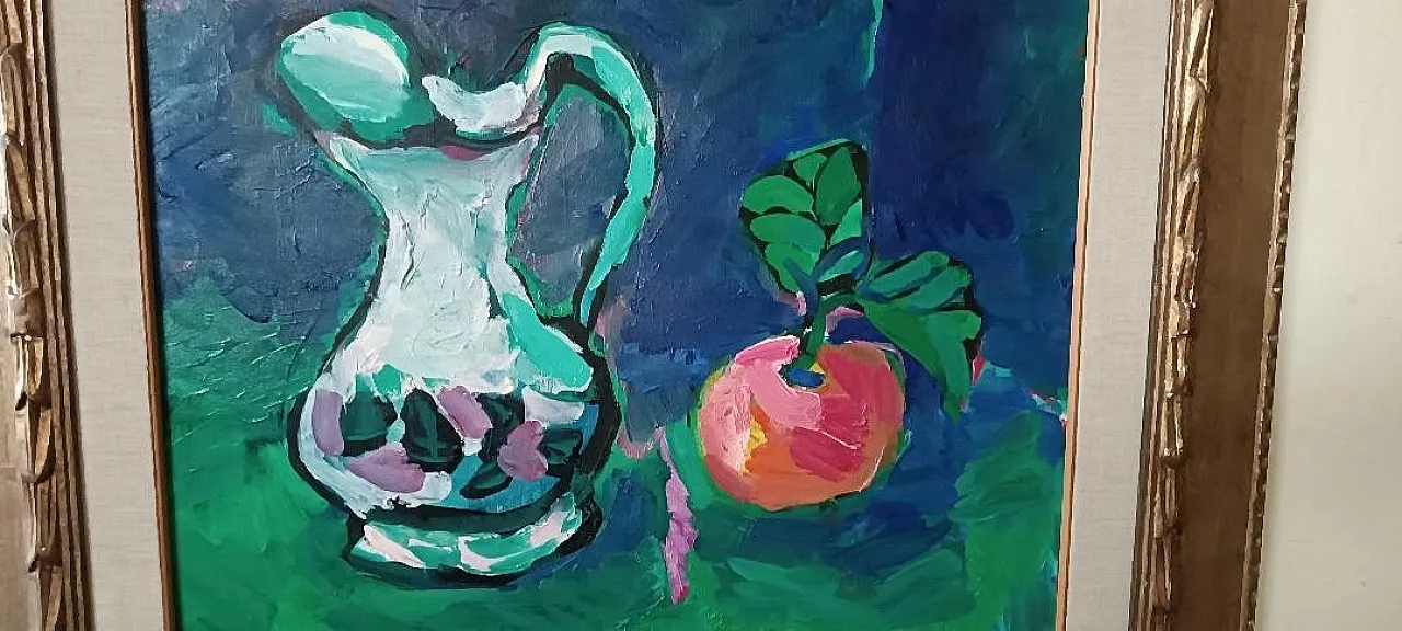 Pink peach and carafe, still life oil on canvas with frame, 1960s 5
