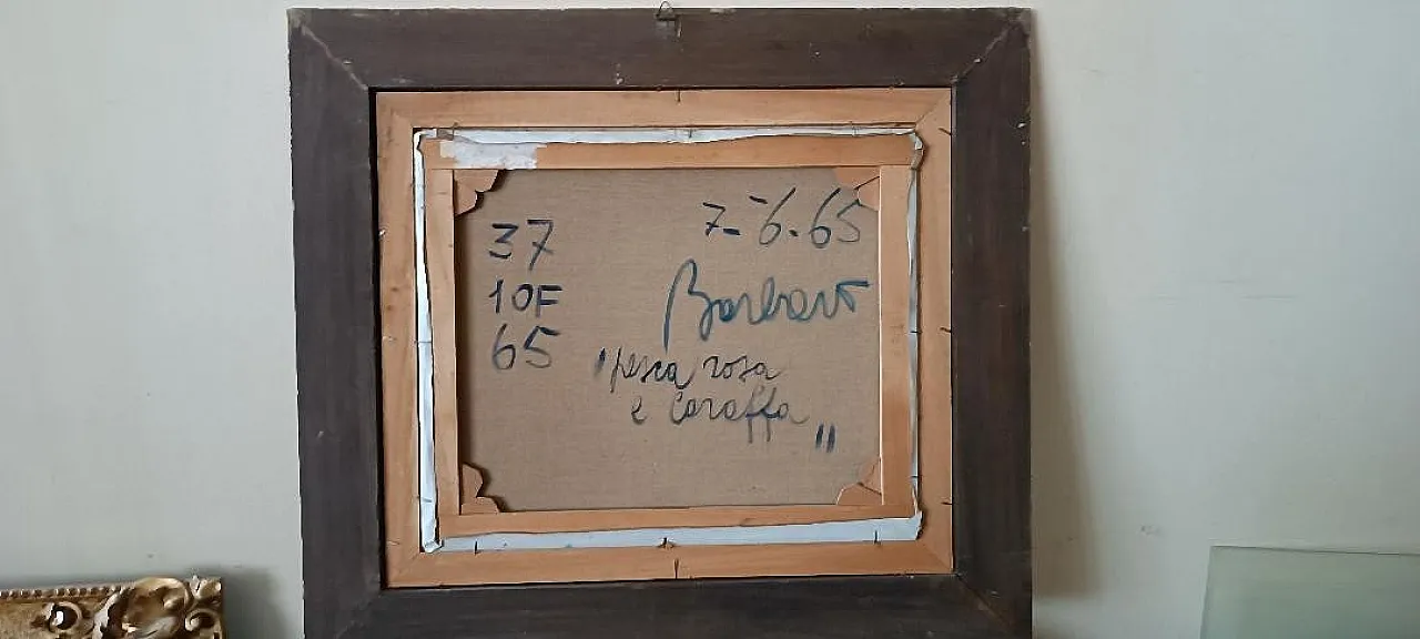 Pink peach and carafe, still life oil on canvas with frame, 1960s 9