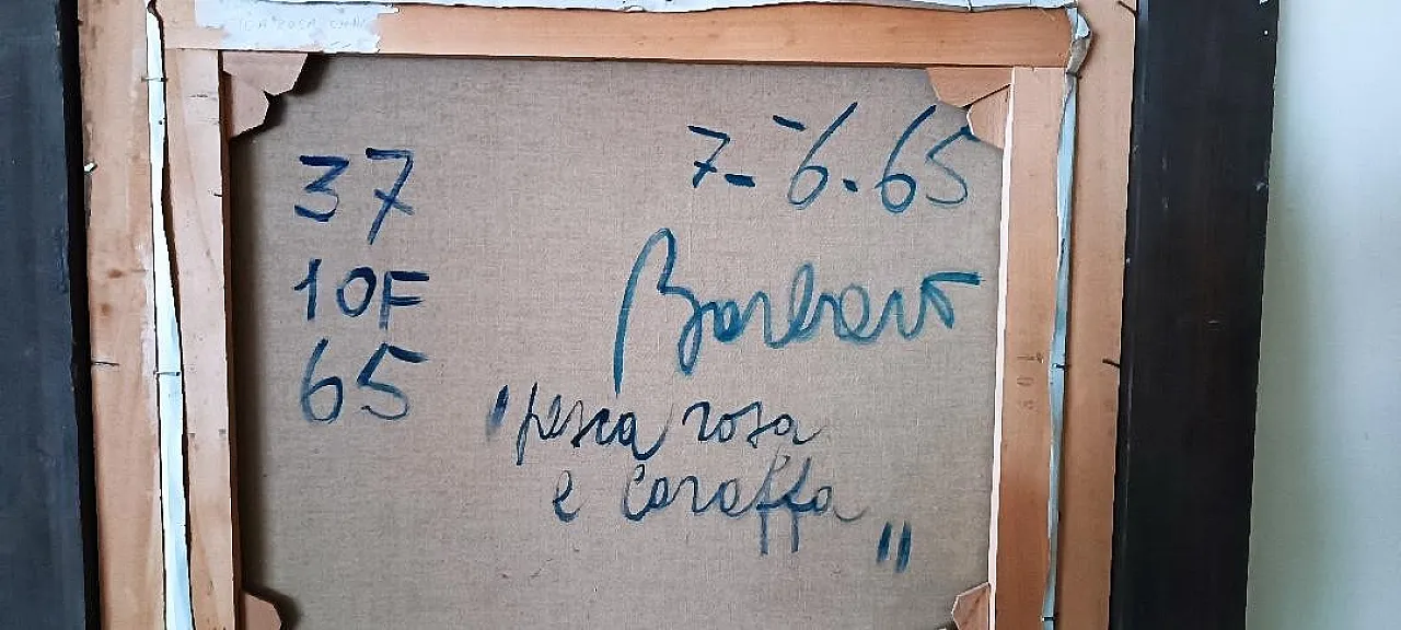 Pink peach and carafe, still life oil on canvas with frame, 1960s 10