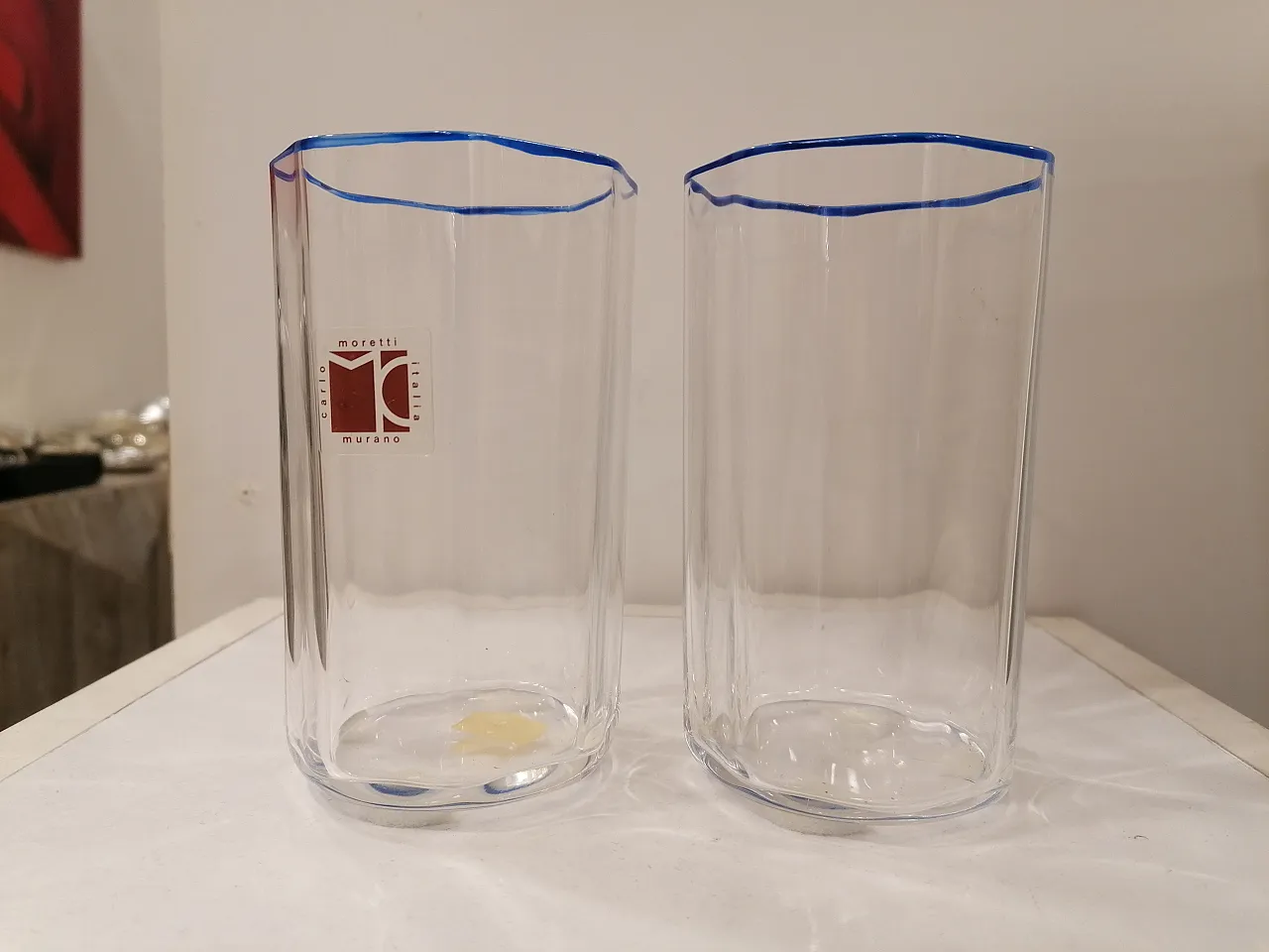 2 bicchieri in cristallo muranese filo blu di Carlo Moretti, anni '80 1