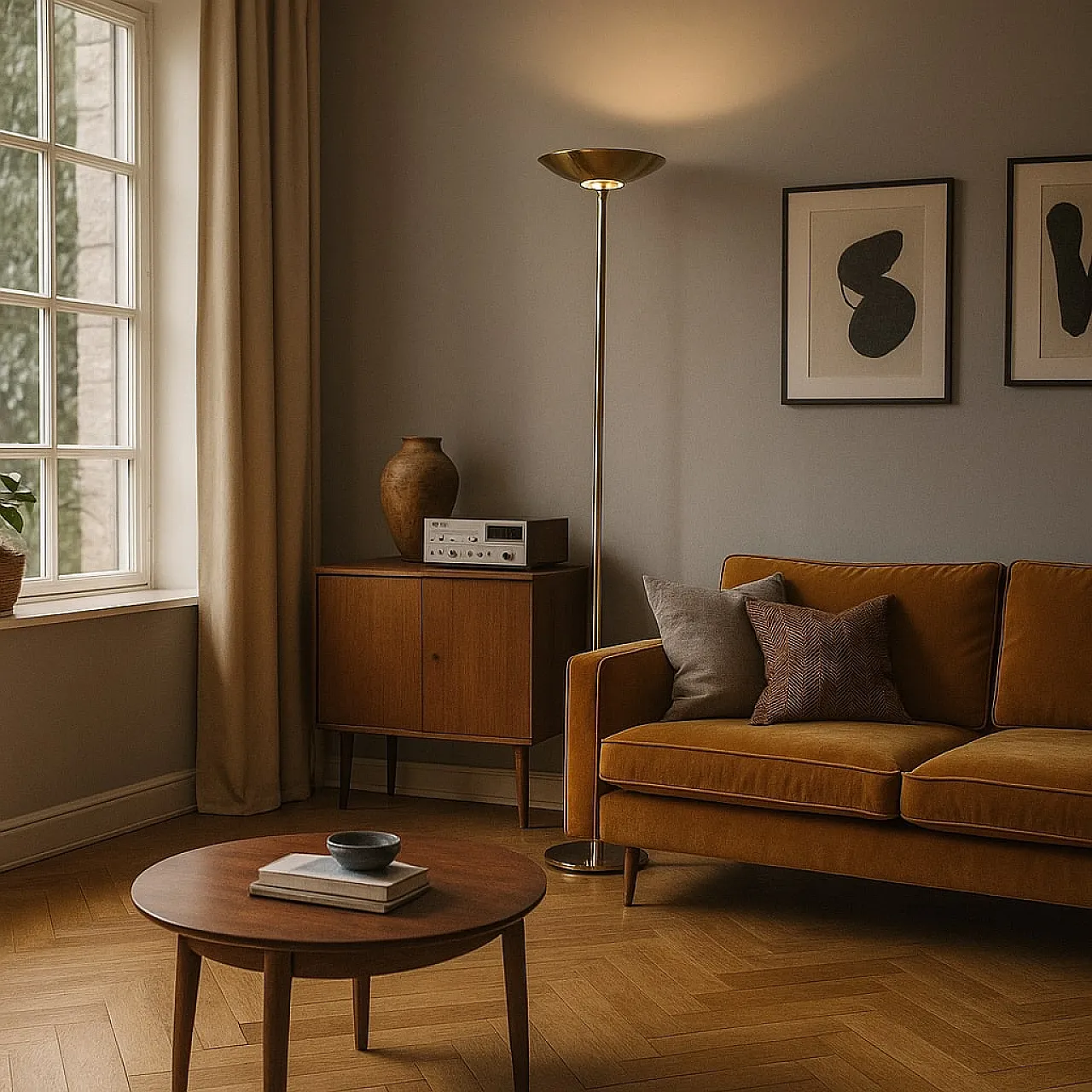 Lampada da terra in metallo ottonato, vetro e alluminio, '900 2