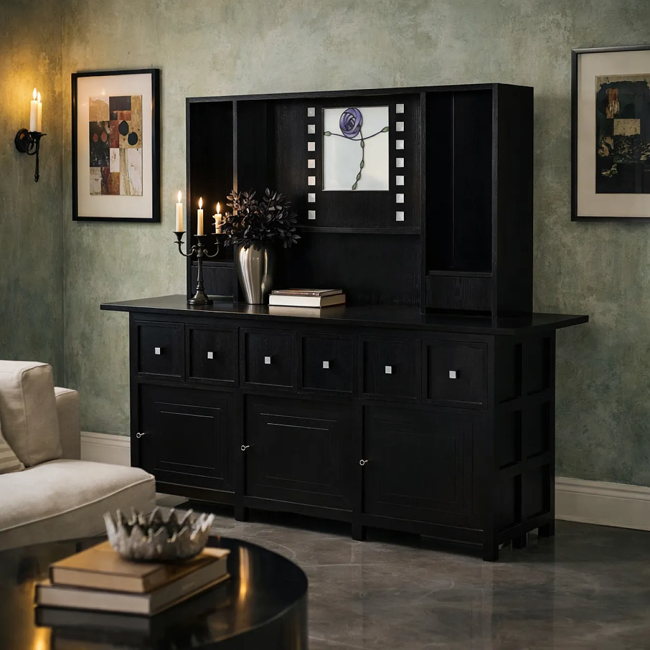 Credenza doppio corpo in frassino, vetro e madreperla, '900 2