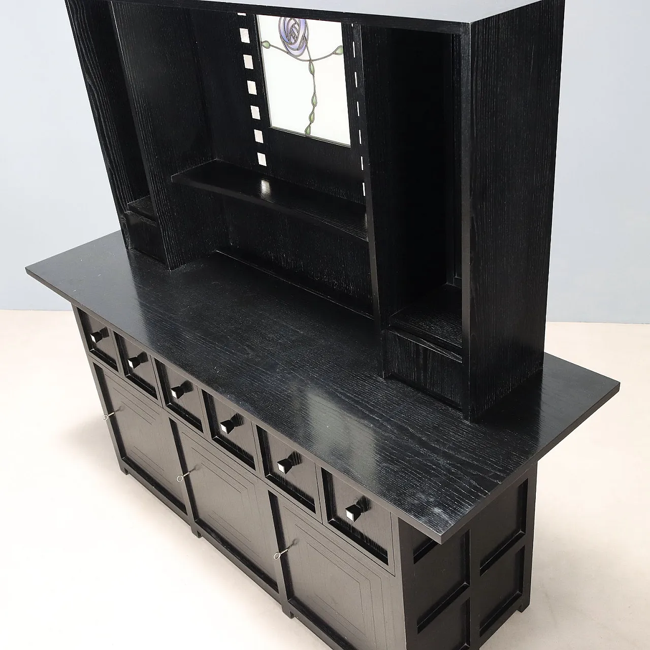 Credenza doppio corpo in frassino, vetro e madreperla, '900 10