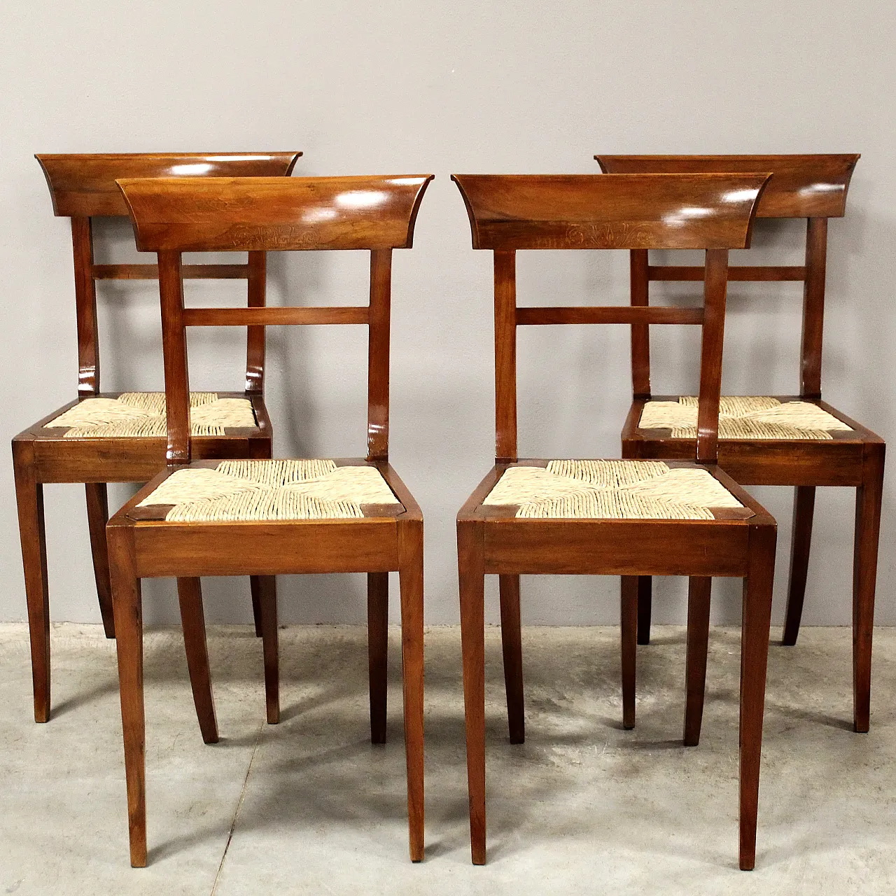 4 inlaid walnut chairs, 19th century 1