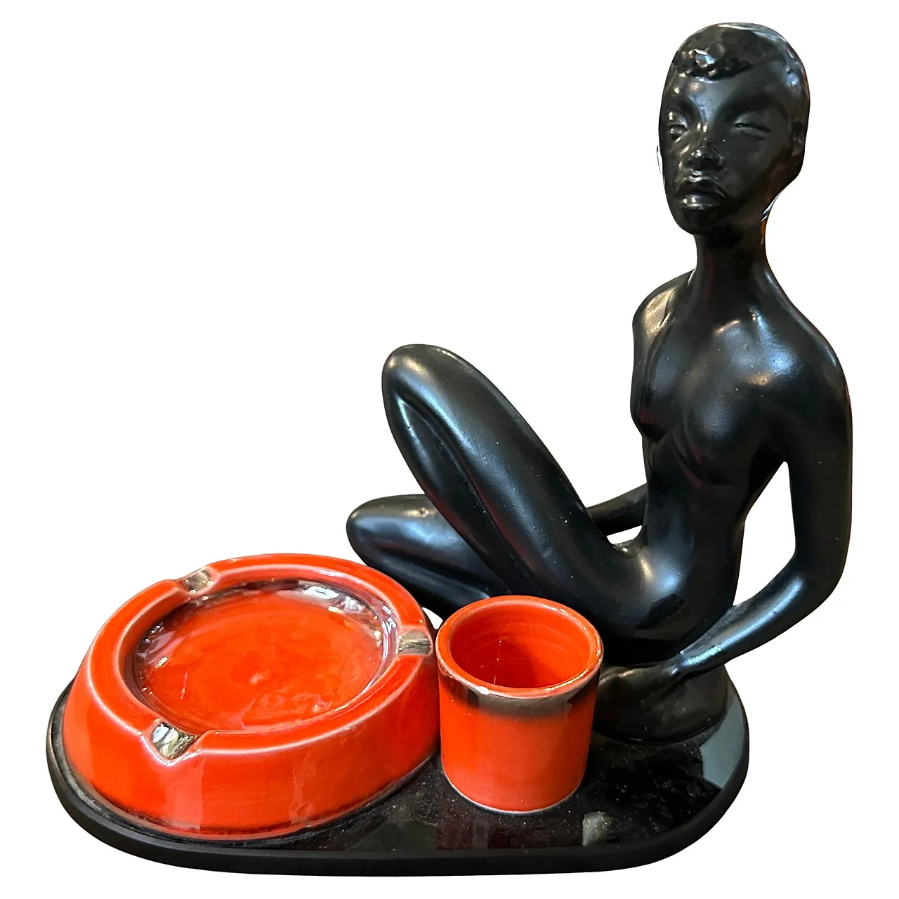 Ceramic and black glass smoking set, 1950s 1