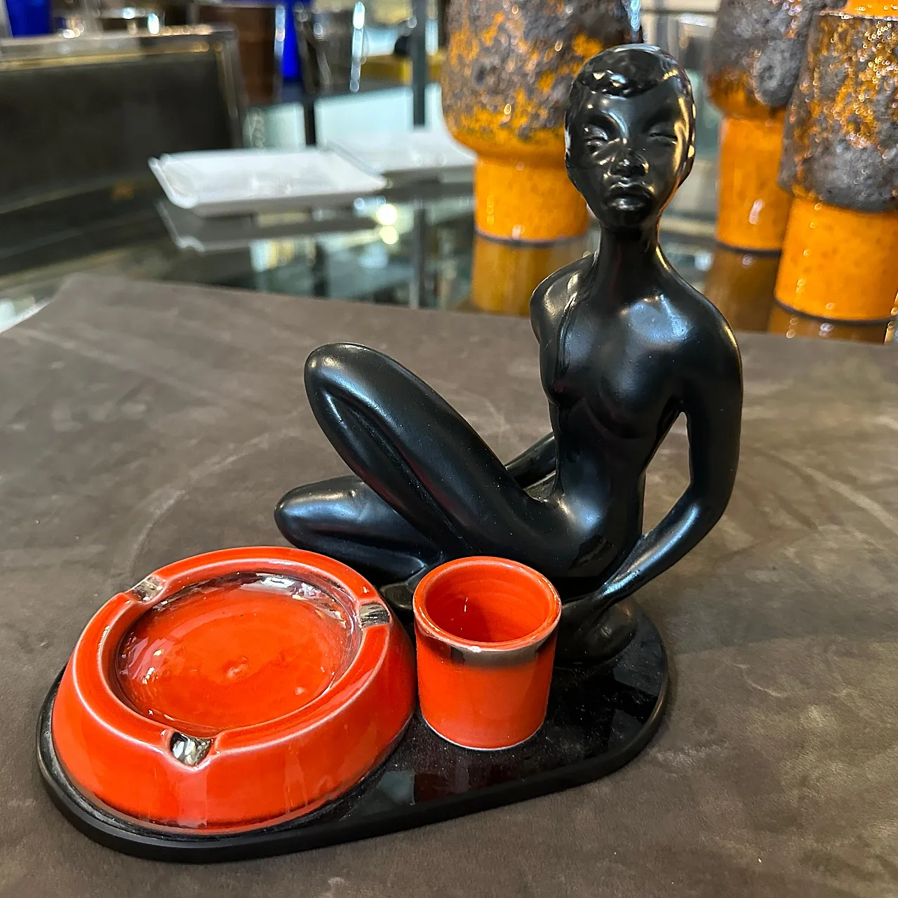 Ceramic and black glass smoking set, 1950s 2