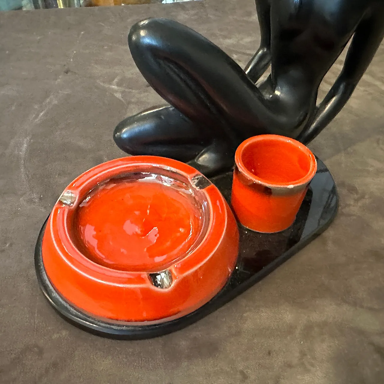 Ceramic and black glass smoking set, 1950s 3