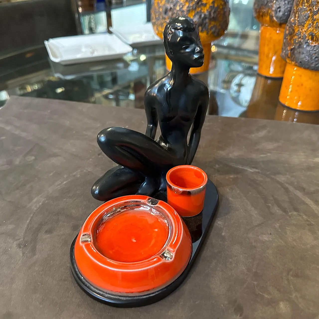 Ceramic and black glass smoking set, 1950s 4