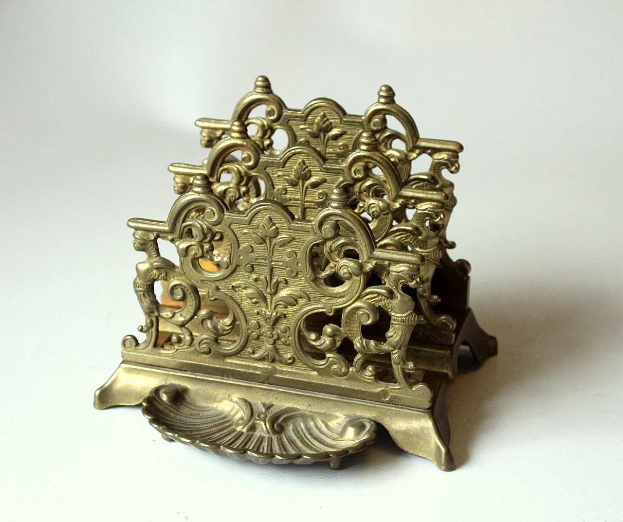 Ornate brass letter holder, 60s 1
