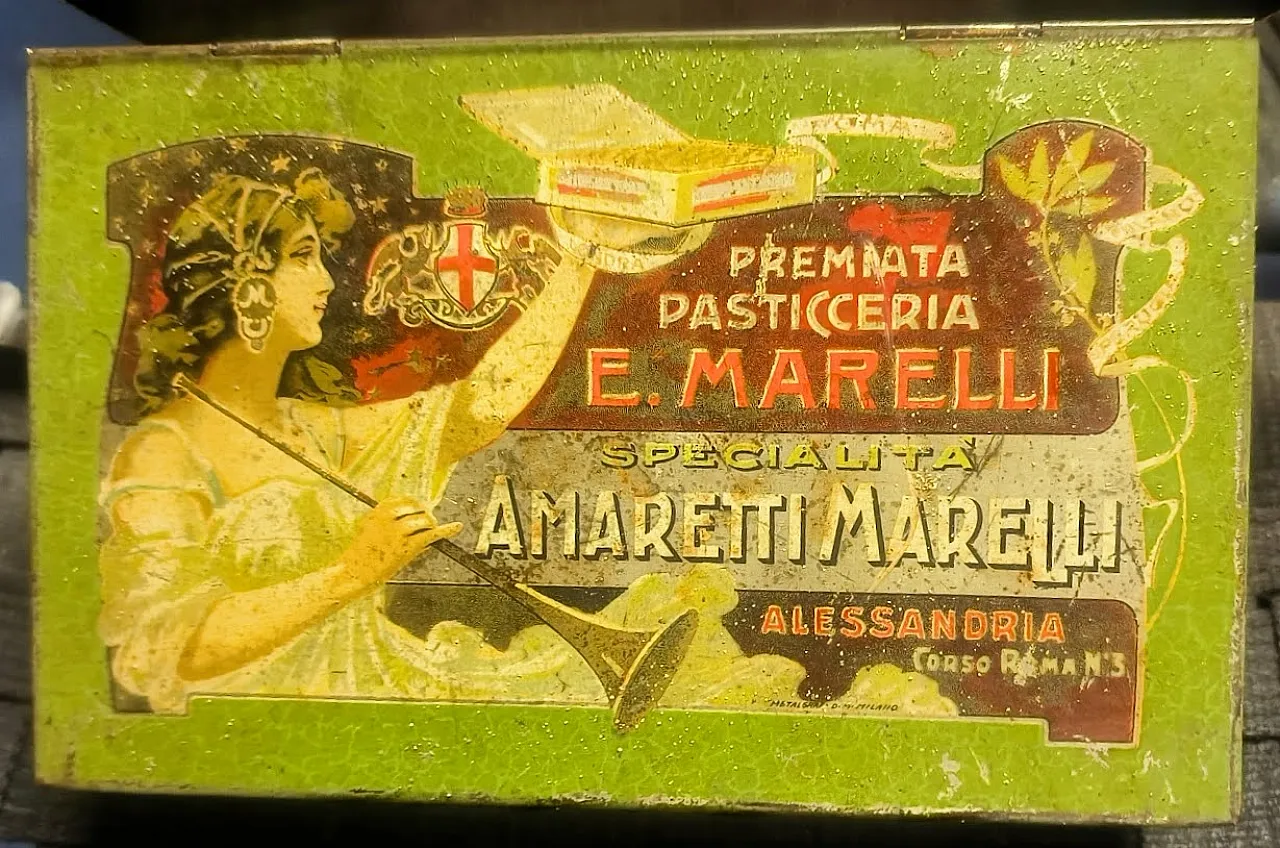 Scatola pubblicitaria in latta Biscotti Marelli, primi '900 1