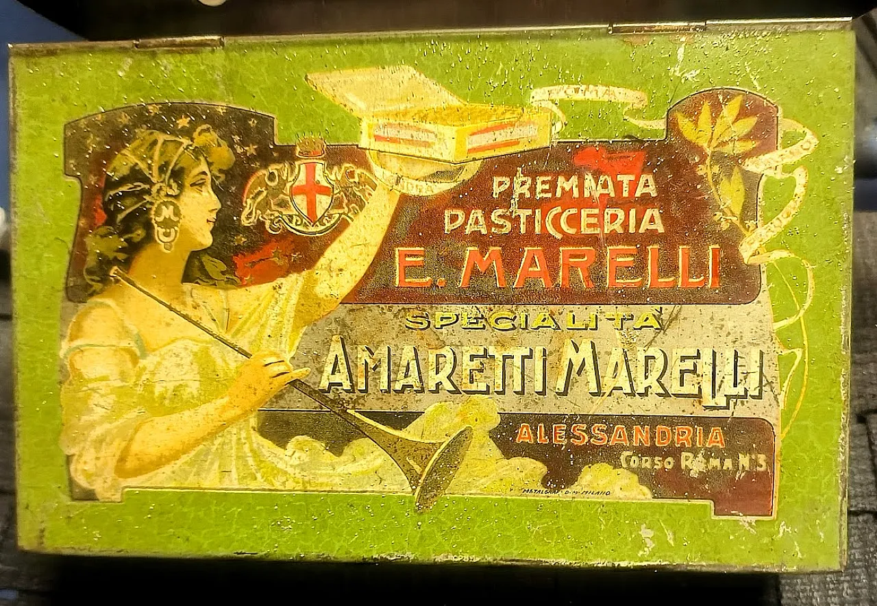 Scatola pubblicitaria in latta Biscotti Marelli, primi '900 3