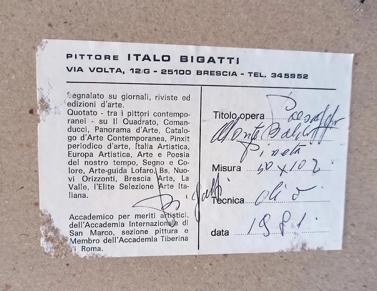 Quadro PINETA MONTE BALDO di  ITALO BIGATTI, olio su faesite, 1981 1