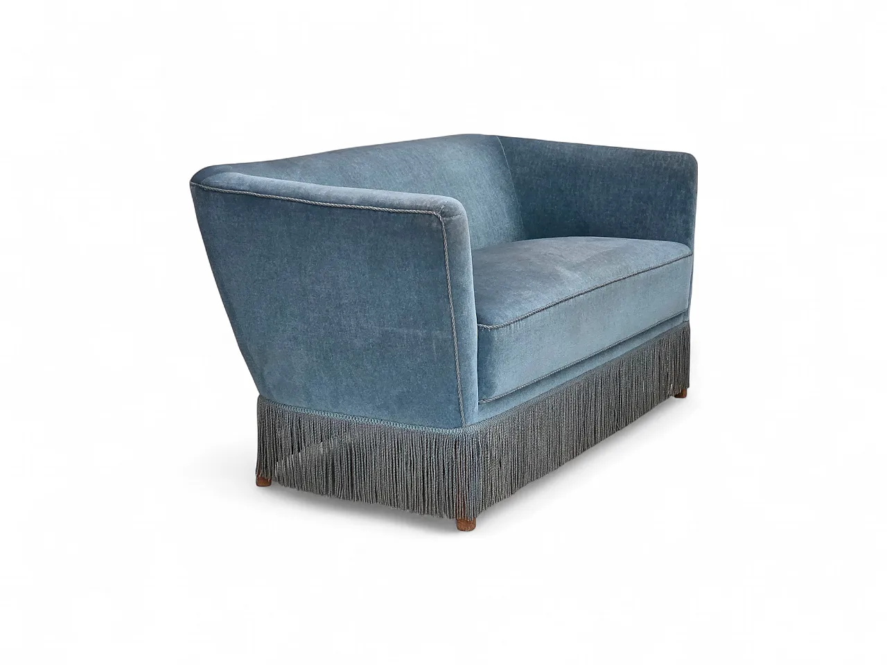 Divano danese a 2 posti in velluto blu, gambe in quercia, Anni '70 19