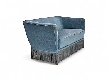 Divano danese a 2 posti in velluto blu, gambe in quercia, Anni '70