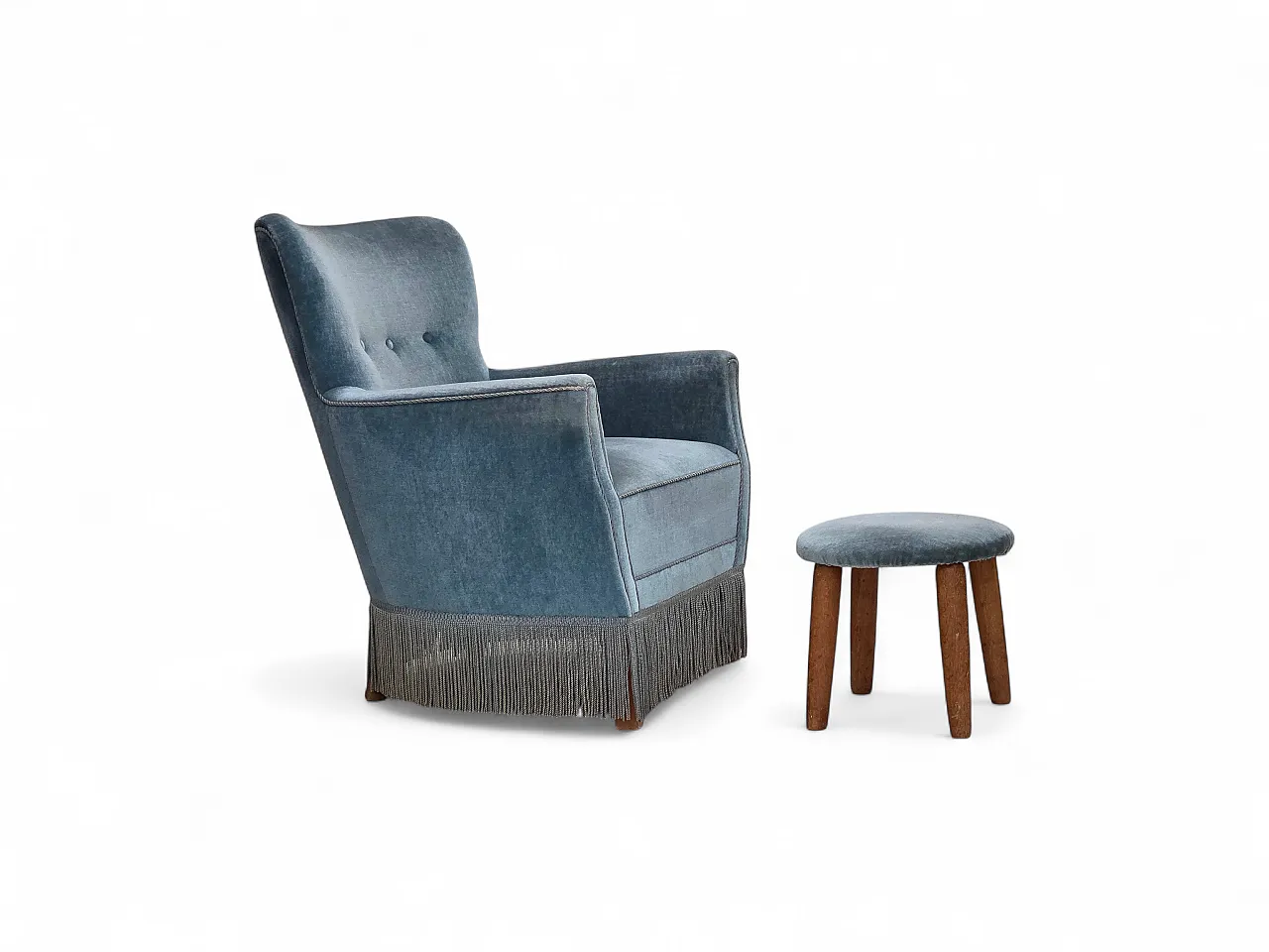 oltrona danese con poggiapiedi, velluto e quercia, anni '70 21