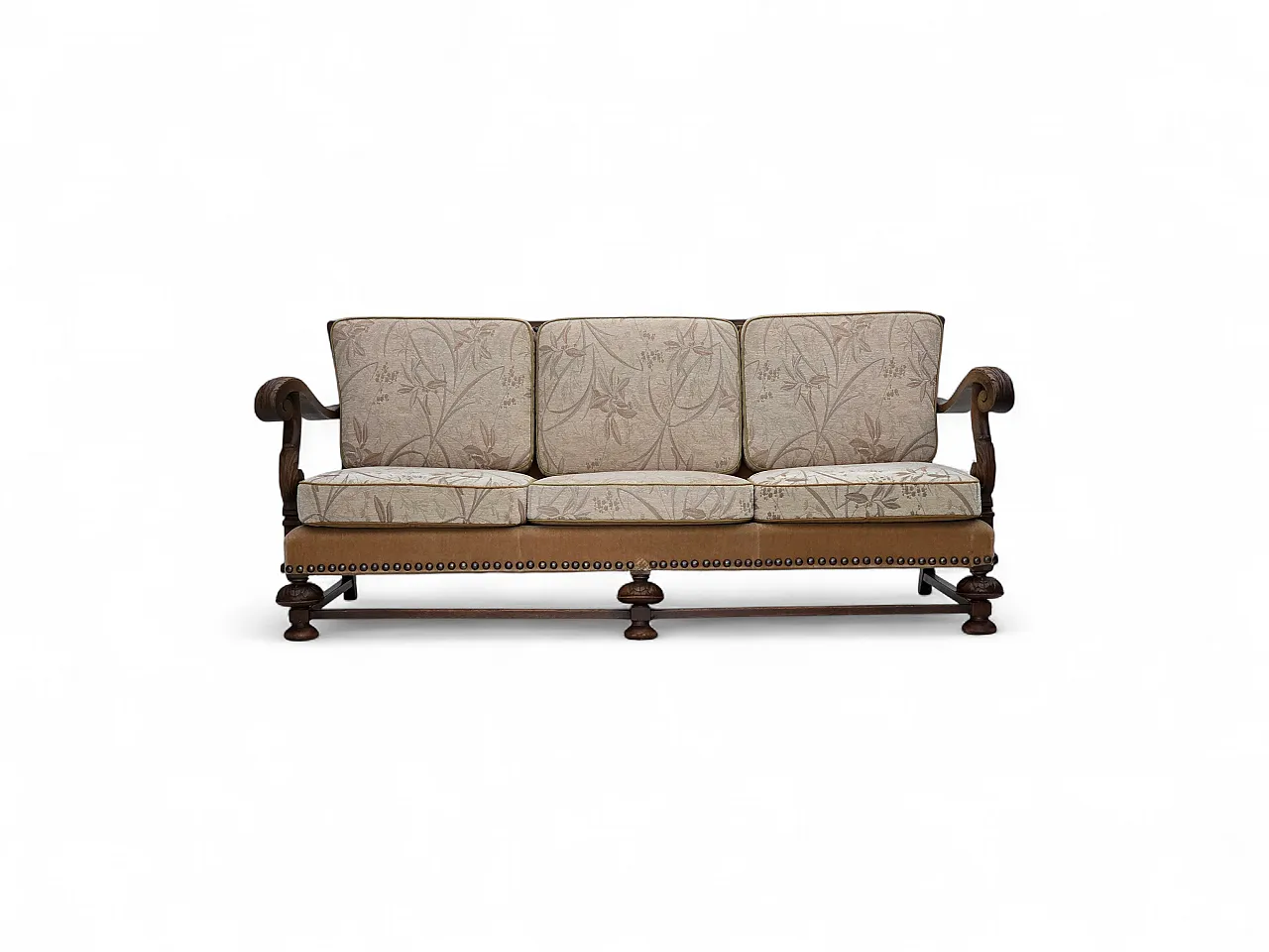 Danish 3-seater sofa, fabric, carved oak wood, 1960s 27