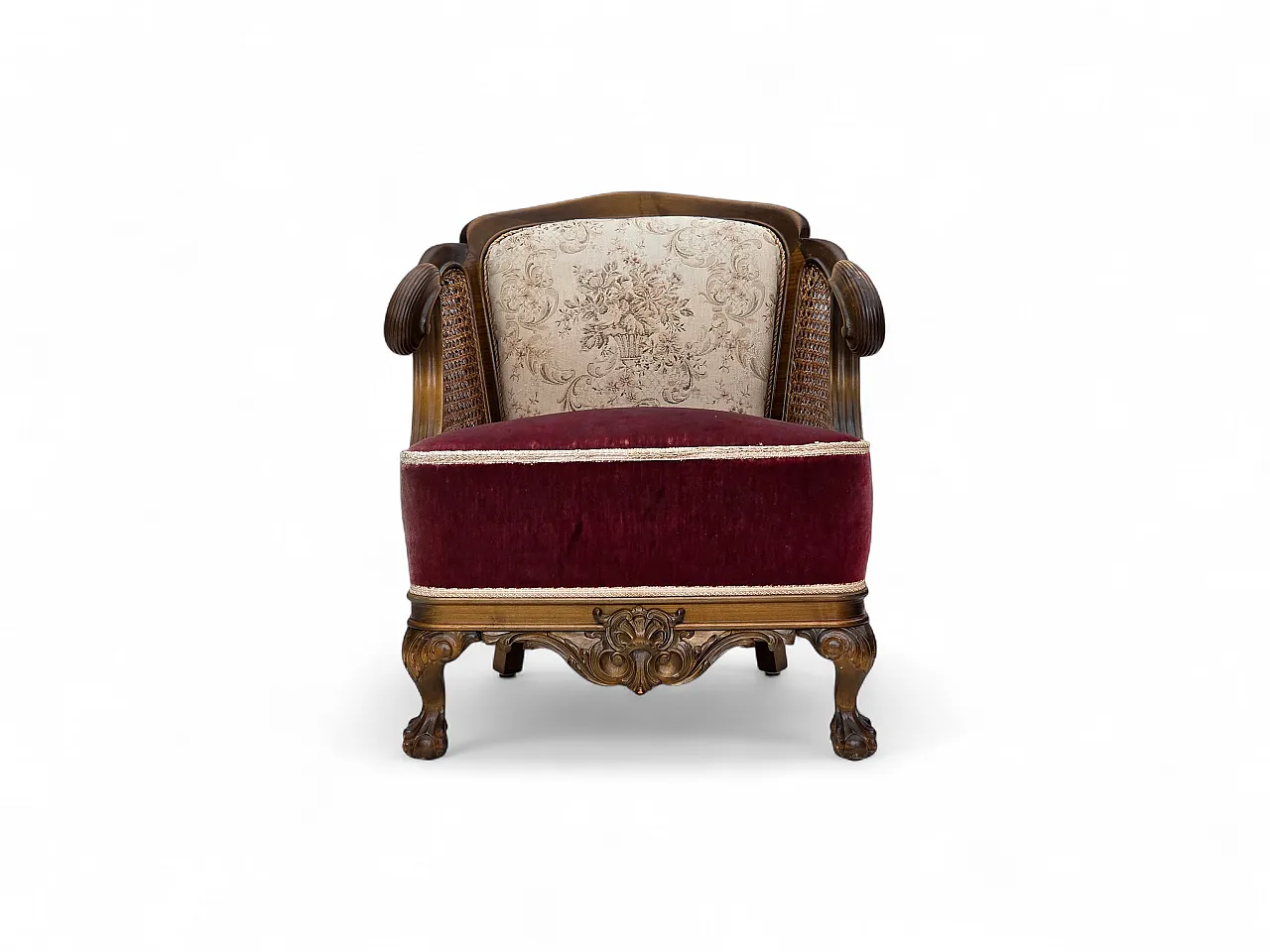 Poltrona danese, lana intrecciata, velluto e quercia, anni '40 21