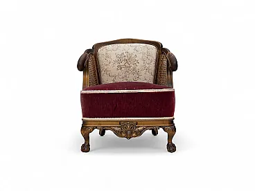 Poltrona danese, lana intrecciata, velluto e quercia, anni '40