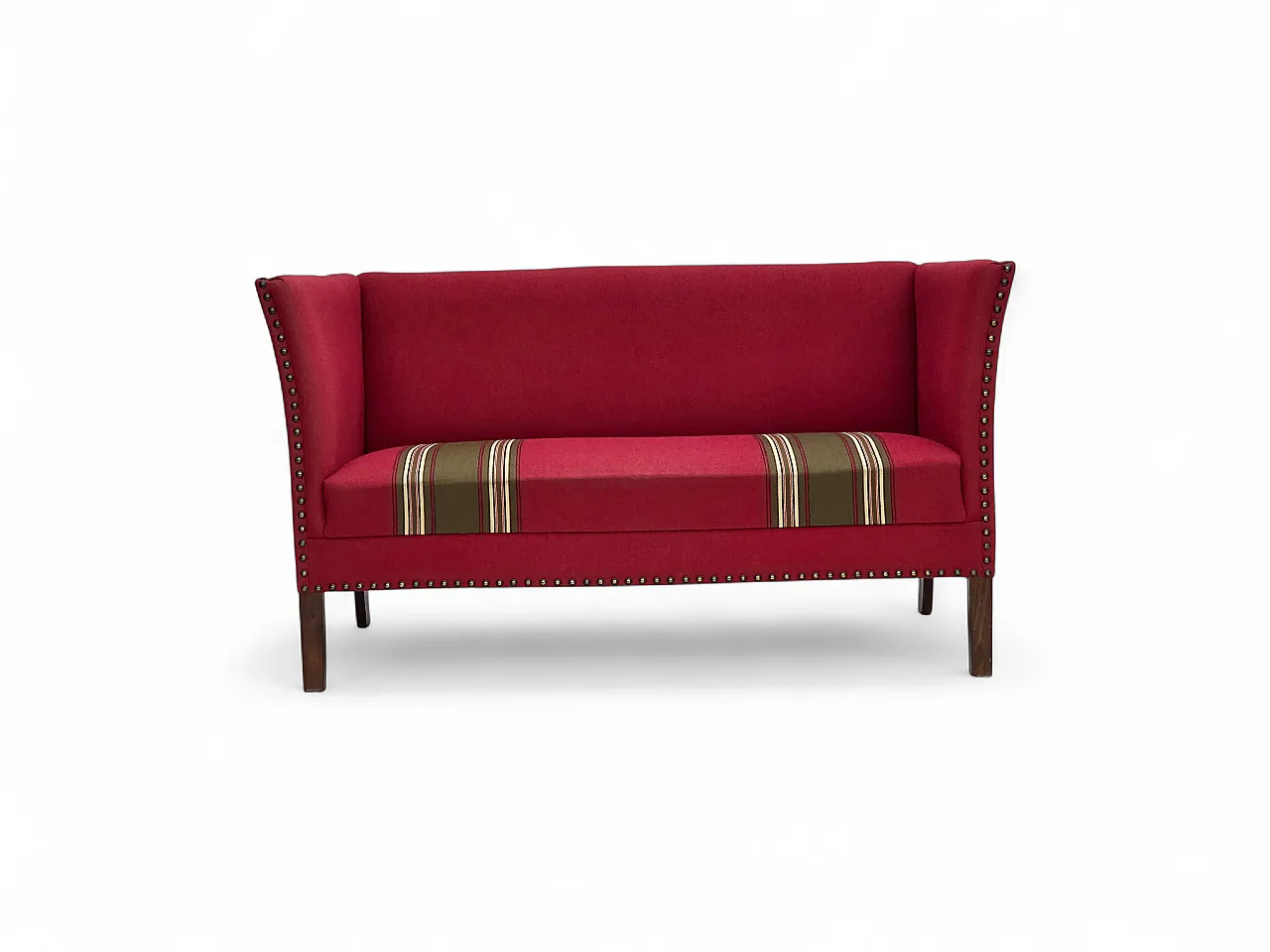 Divano danese a 2 posti in lana rossa, legno di frassino, anni '70 19