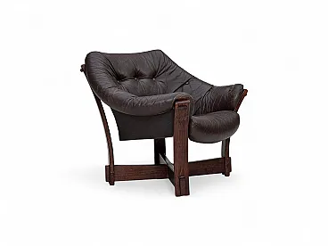 Poltrona lounge scandinava, in pelle, legno di quercia, anni '70