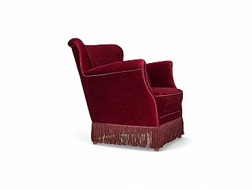 Poltrona danese in velluto rosso ciliegia, quercia, anni '70