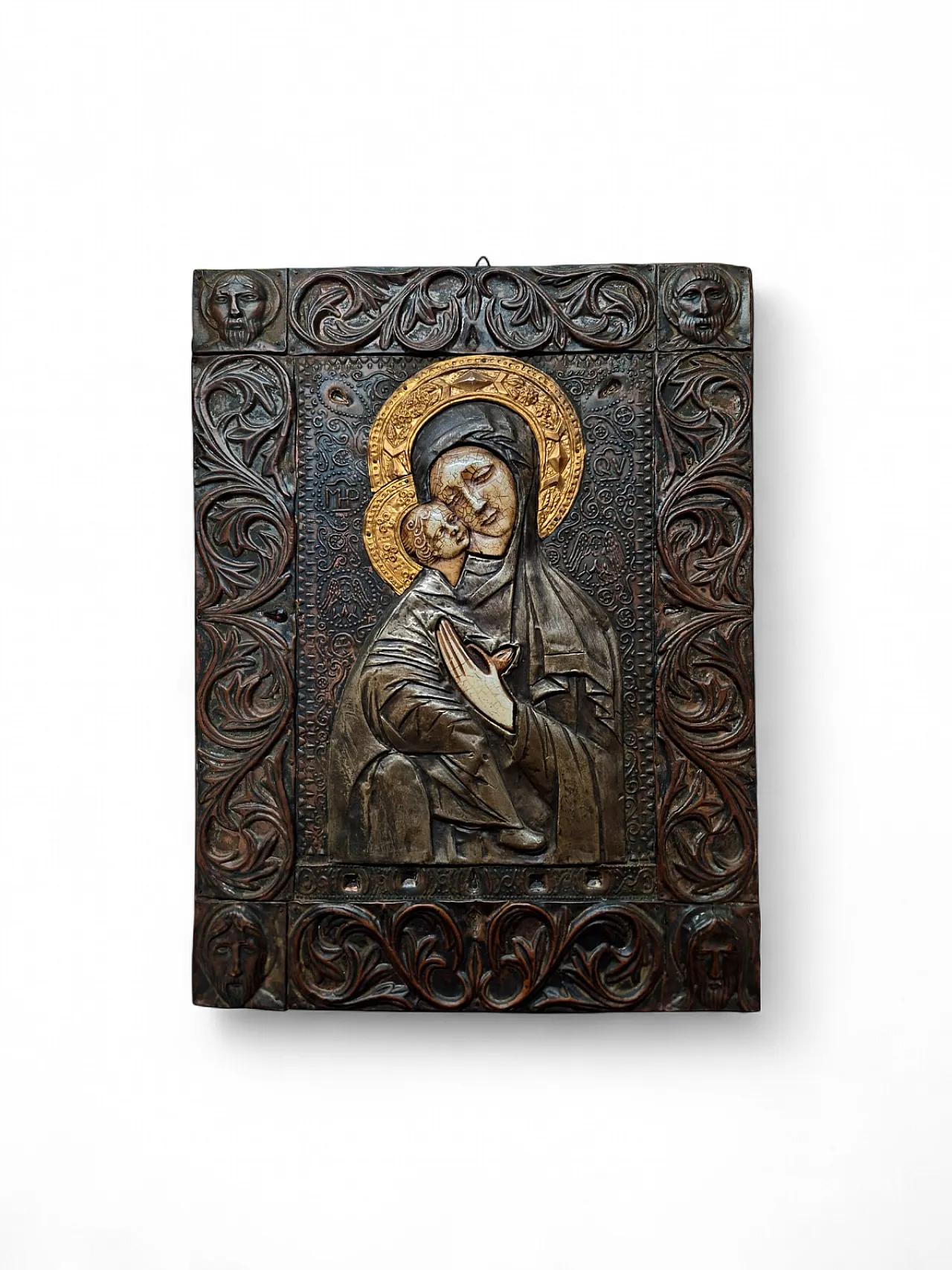 Icona sacra Madonna col Bambino in metallo sbalzato e inserti ceramici 21