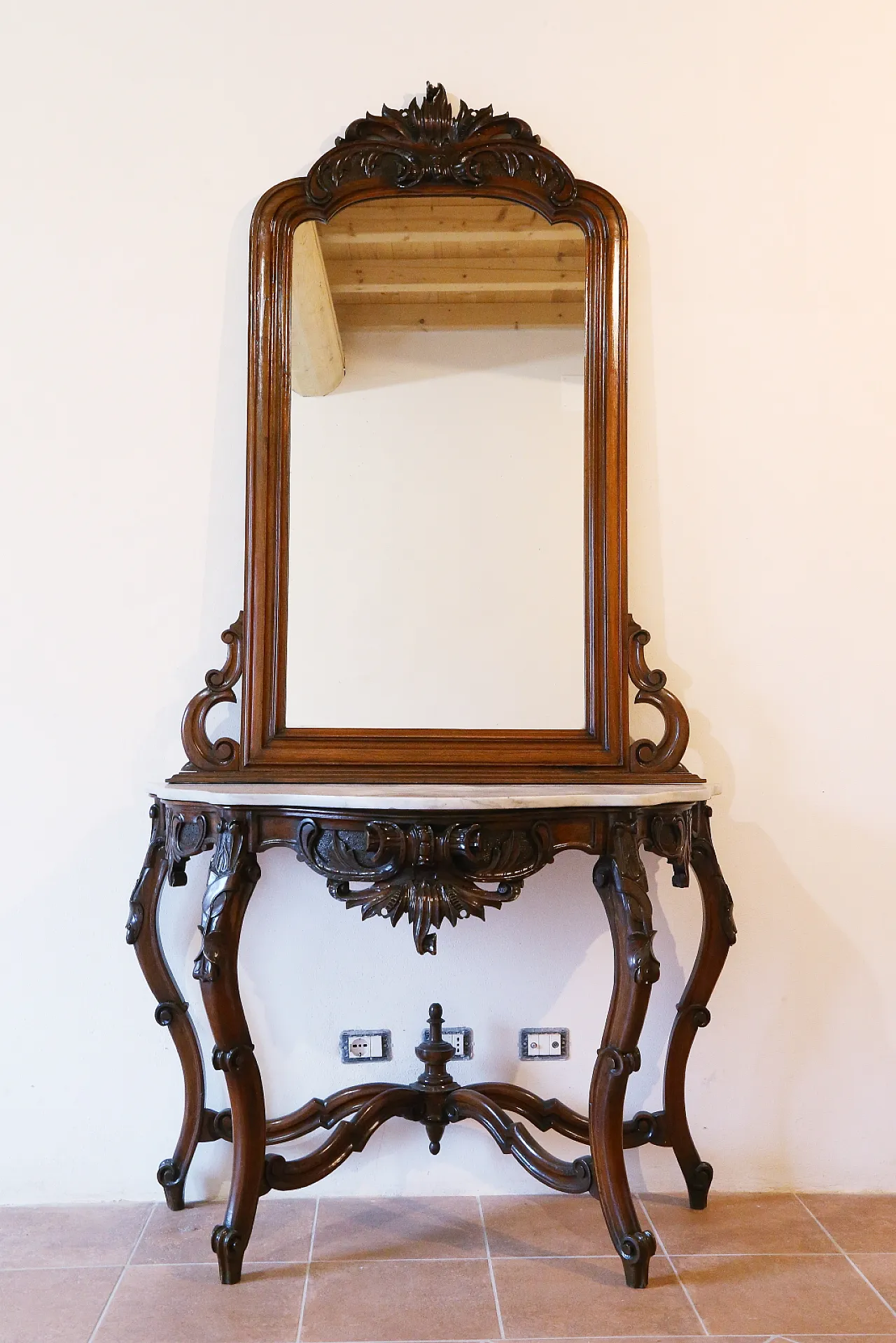 Umbertine console with mirror, walnut wood, Carrara marble, 19th c. 2