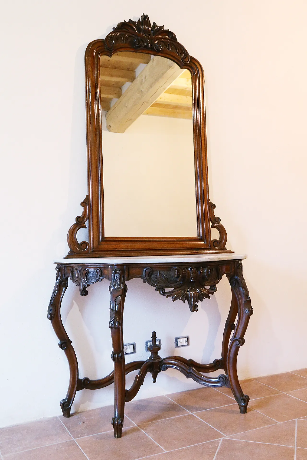 Umbertine console with mirror, walnut wood, Carrara marble, 19th c. 5