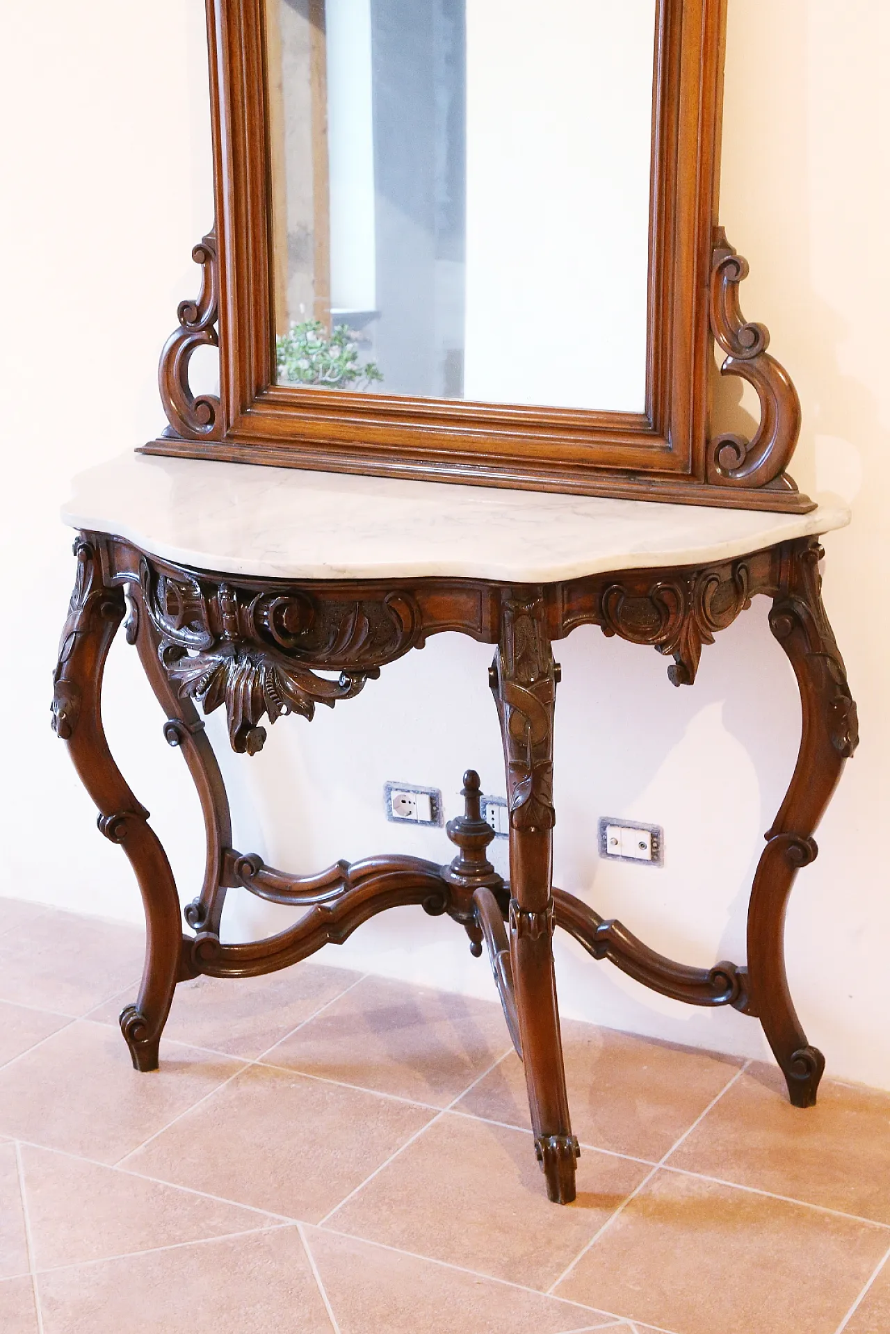 Umbertine console with mirror, walnut wood, Carrara marble, 19th c. 12