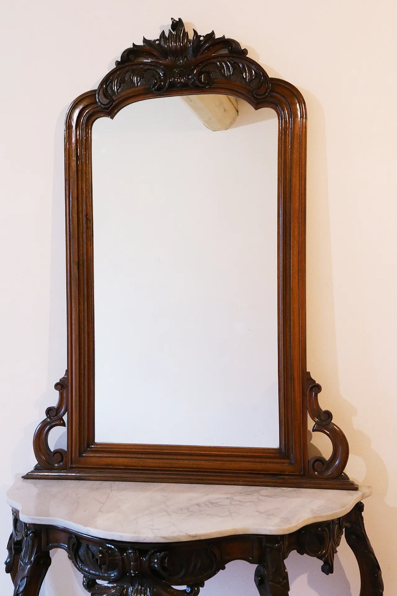 Umbertine console with mirror, walnut wood, Carrara marble, 19th c. 13