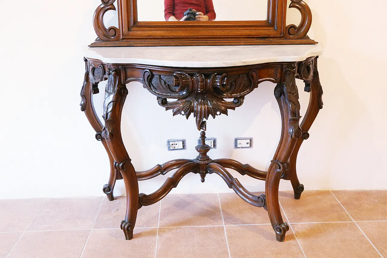 Umbertine console with mirror, walnut wood, Carrara marble, 19th c. 16