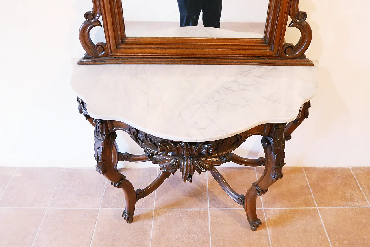 Umbertine console with mirror, walnut wood, Carrara marble, 19th c. 17