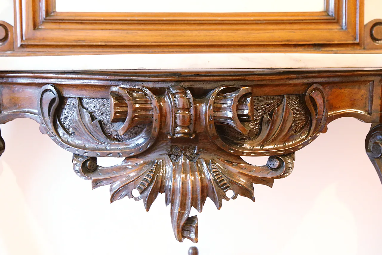 Umbertine console with mirror, walnut wood, Carrara marble, 19th c. 20