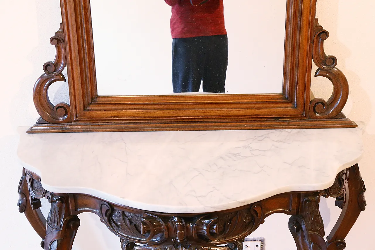 Umbertine console with mirror, walnut wood, Carrara marble, 19th c. 24