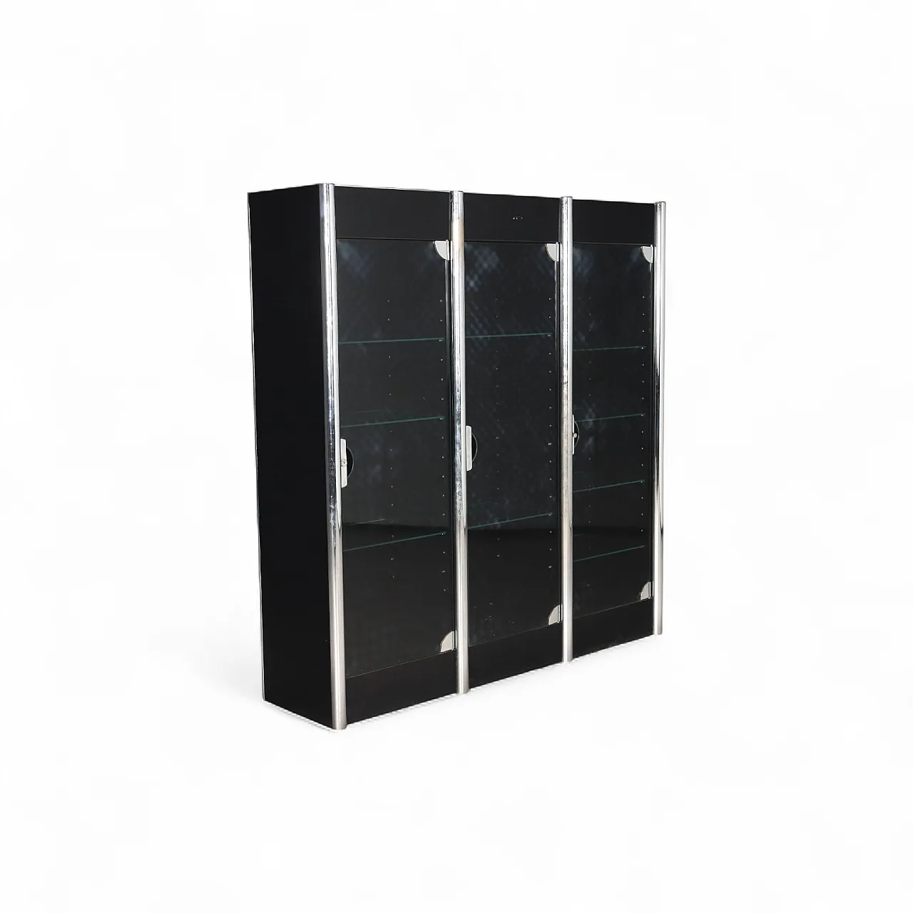 Credenza in legno laccato, metallo cromato e vetro fumé, '900 11