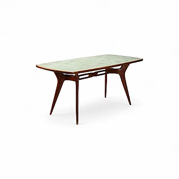 Tavolo da pranzo con gambe in legno di faggio e piano in vetro, '900