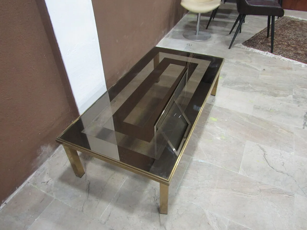 Low table in brass and worked glass, 20th century 2