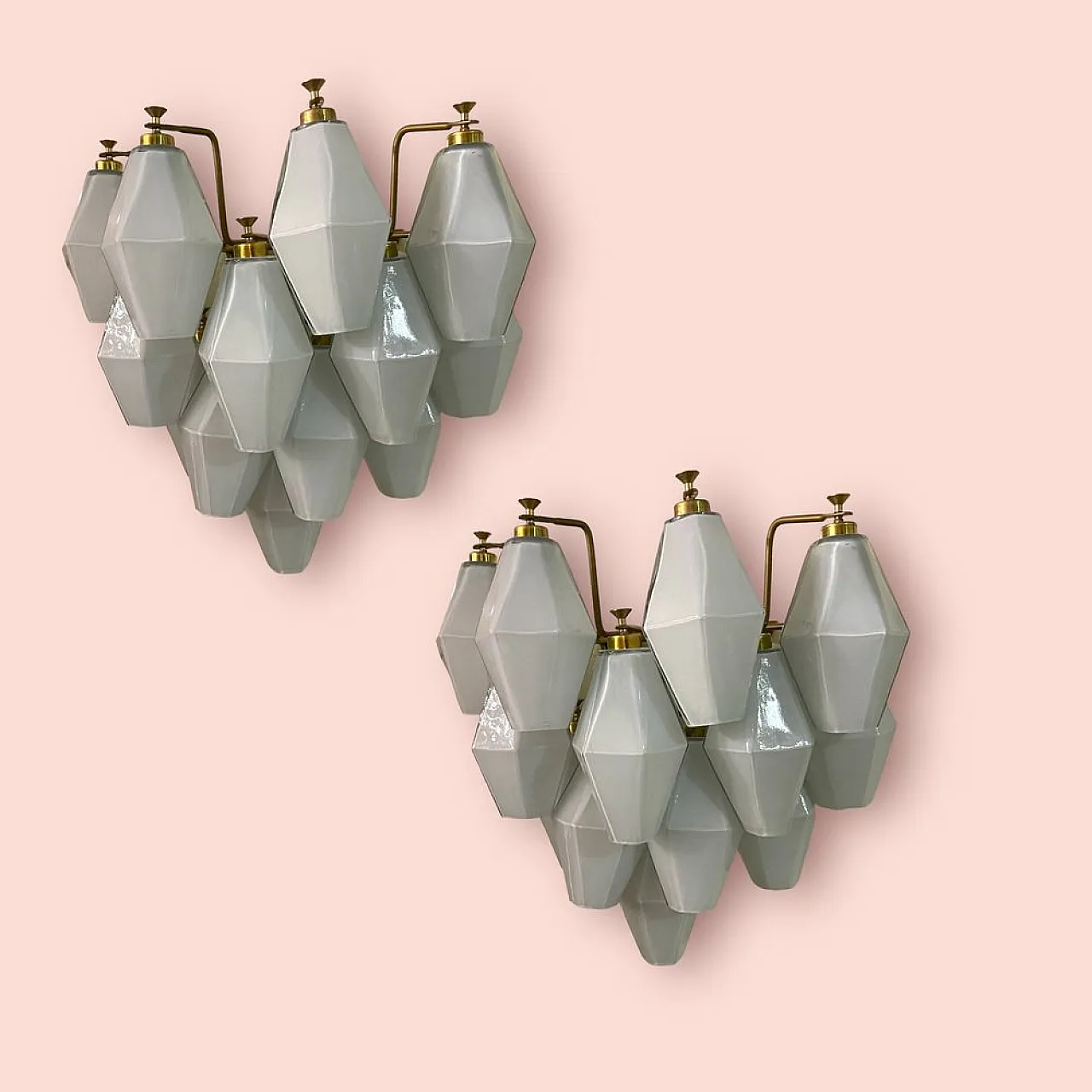 Pair of Polygonal wall lights in white opaline glass, 1980s 2