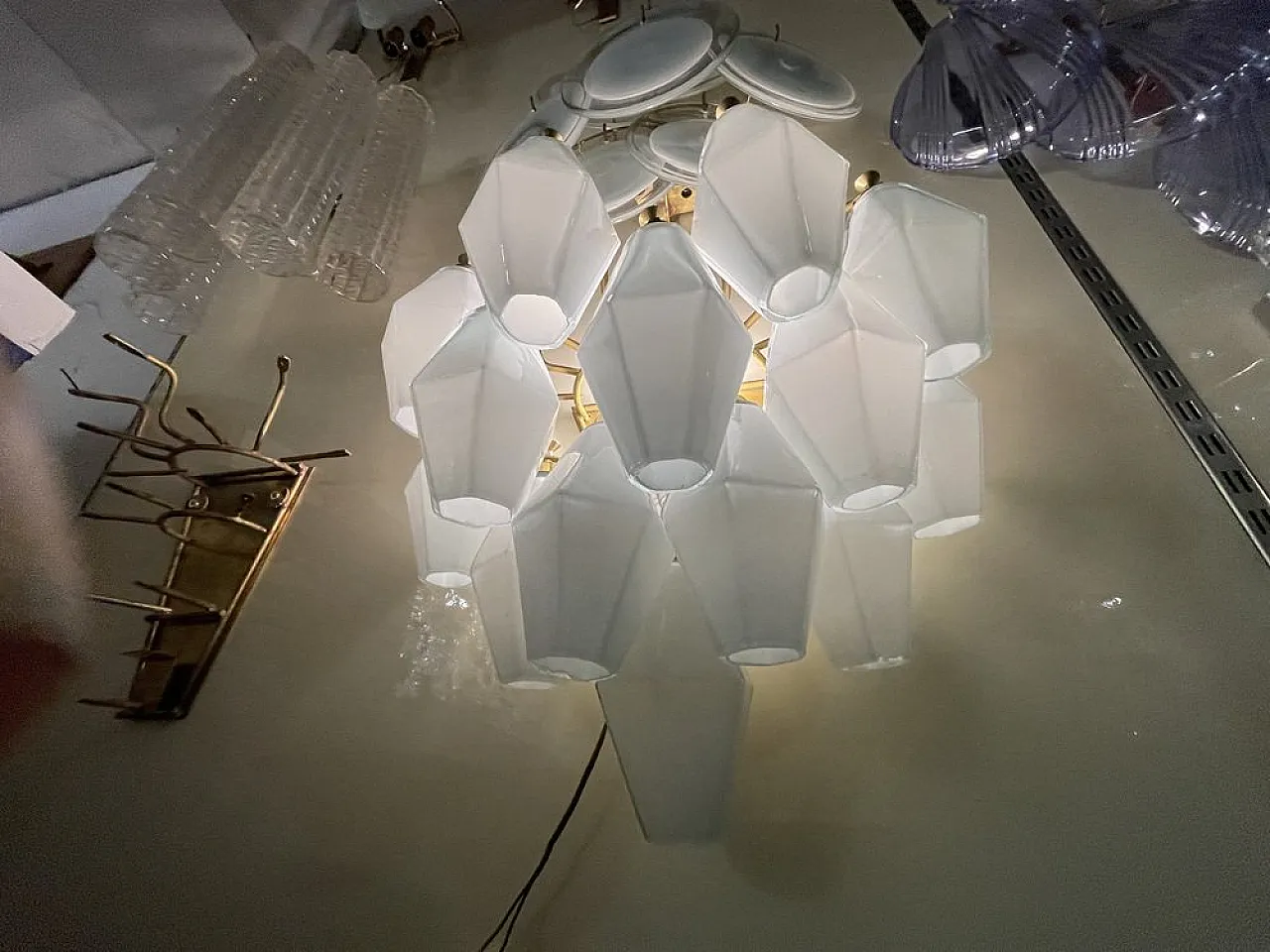 Pair of Polygonal wall lights in white opaline glass, 1980s 3