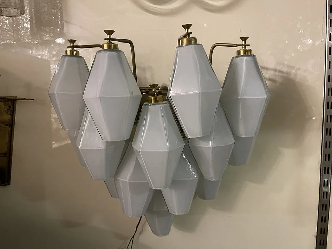 Pair of Polygonal wall lights in white opaline glass, 1980s 8
