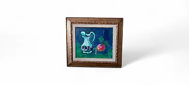 Pesca rosa e caraffa, natura morta olio su tela con cornice, anni '60