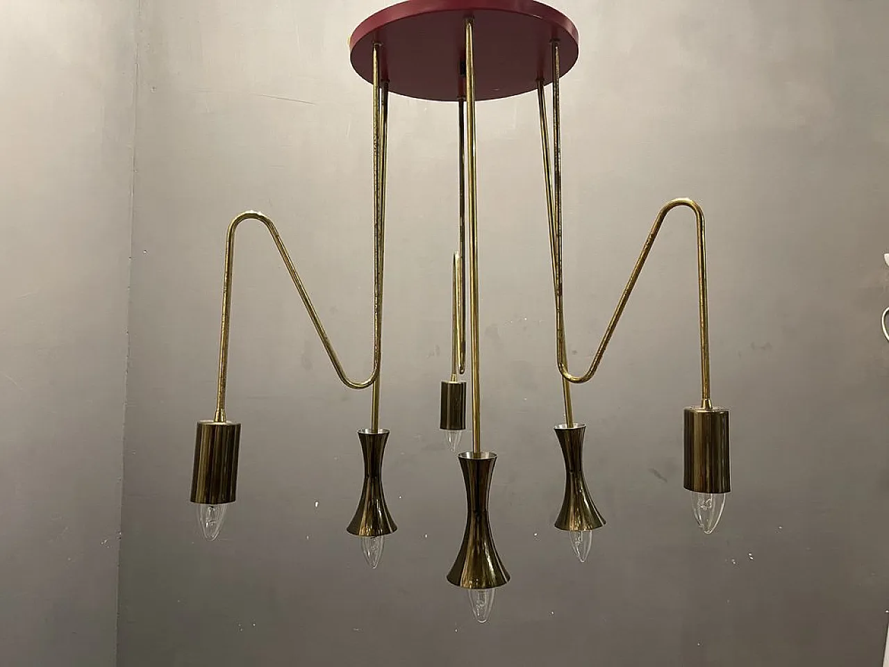 Red brass pendant lamp from Stilnovo, 1950s 2