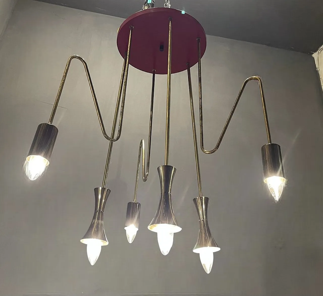 Red brass pendant lamp from Stilnovo, 1950s 4